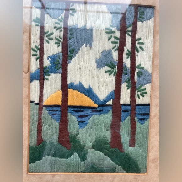 Vintage crewel green and brown tree framed art. - Picture 2 of 7